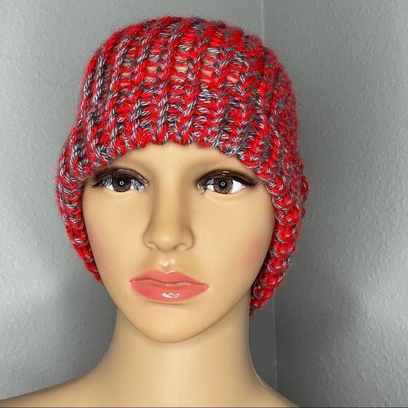 Accessories - Red and Gray Hand Knitted Handmade Skull Cap Beanie Hat